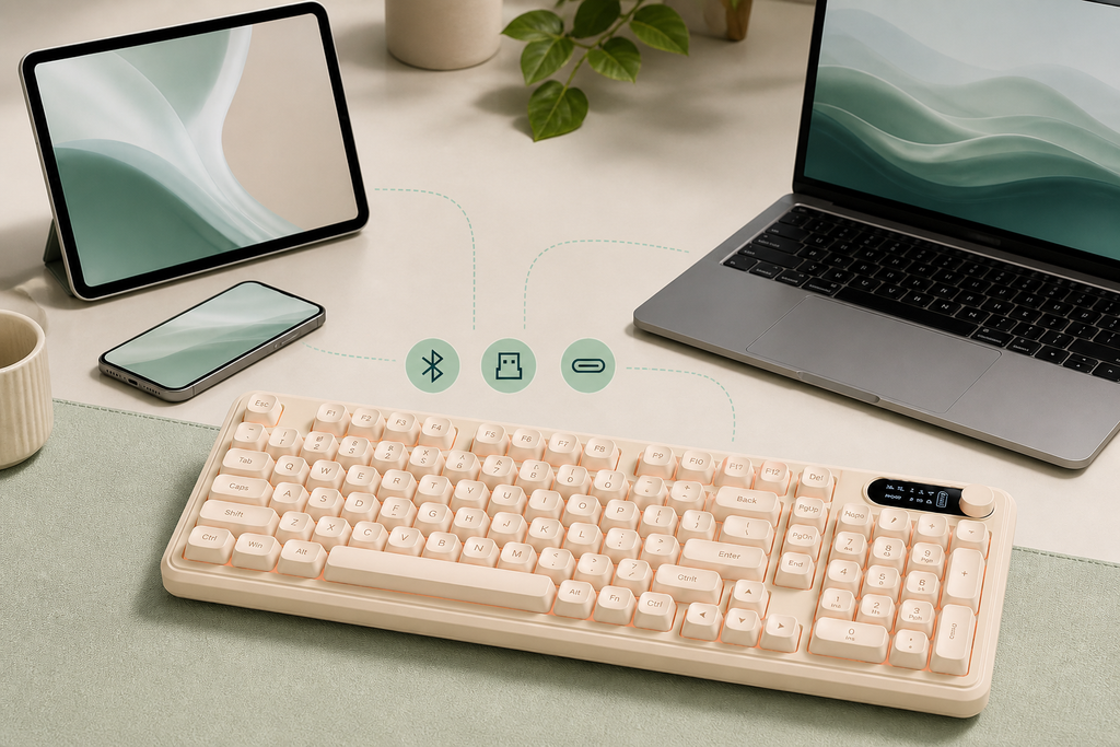 TAVNIXO Cream Cloud mechanical keyboard feature: tri mode wireless mechanical keyboard connectivity landscape