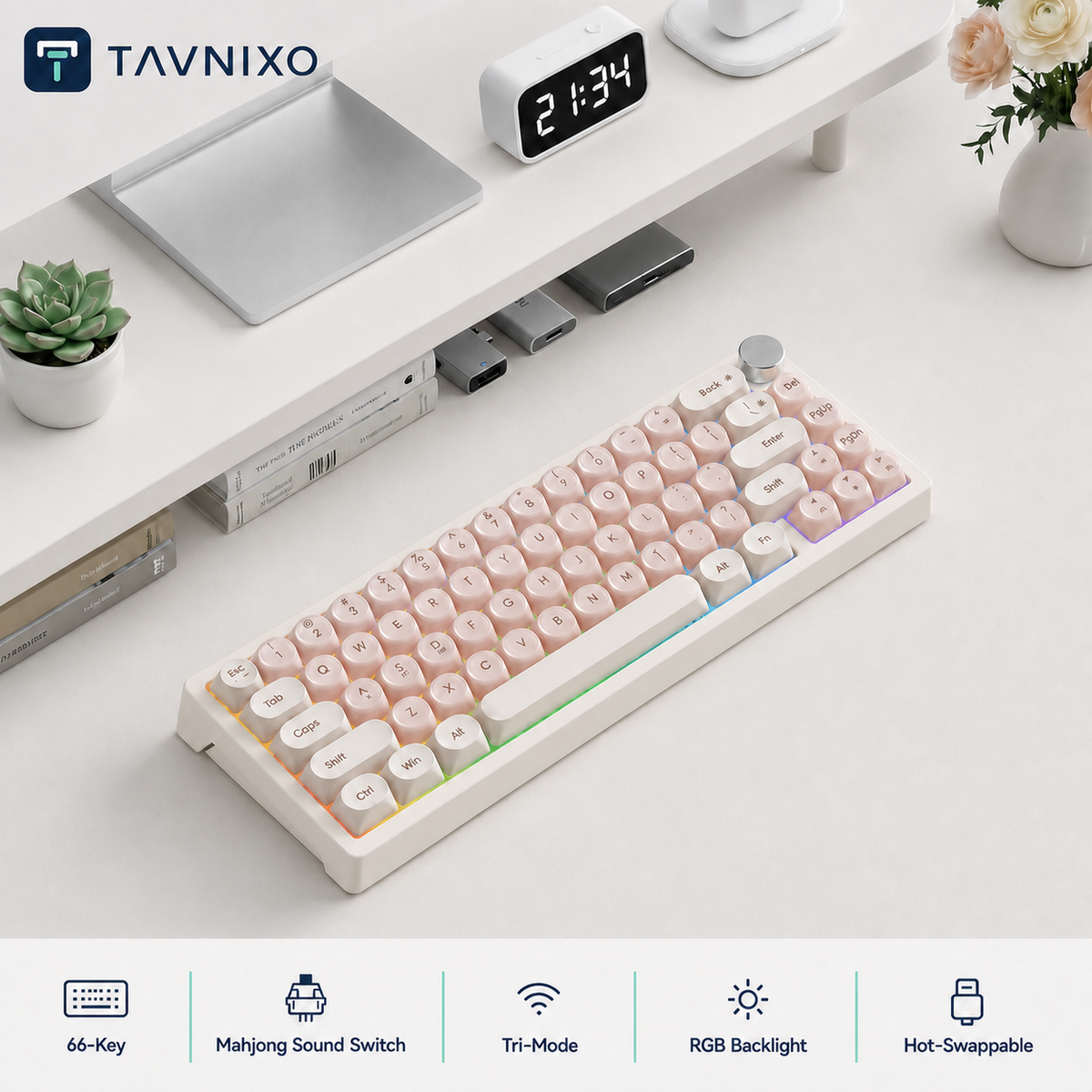 TAVNIXO Cream Cloud Tri-Mode Hot-Swappable Mechanical Keyboard — cream cloud 66 key mahjong sound switch keyboard