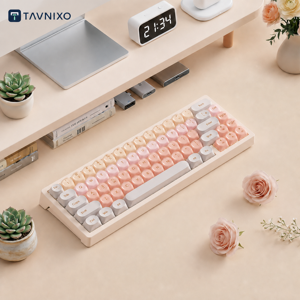 TAVNIXO Cream Cloud Tri-Mode Hot-Swappable Mechanical Keyboard — cream cloud 66 key wireless mechanical keyboard lifestyle