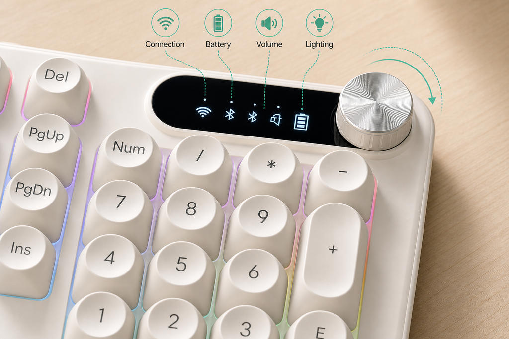 TAVNIXO Cream Cloud mechanical keyboard feature: smart display multifunction knob feature icons landscape