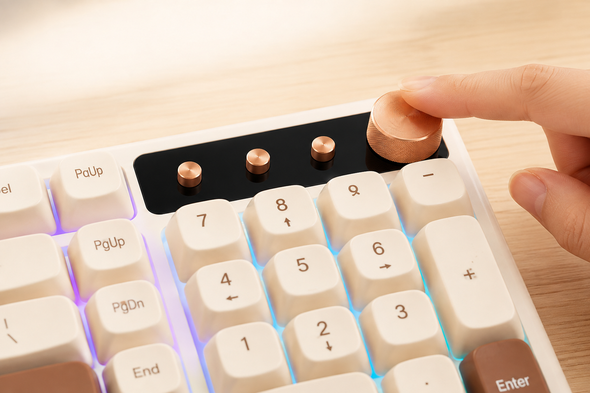 TAVNIXO K520D wireless keyboard feature: multifunction rotary knob control detail