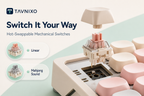 TAVNIXO Cream Cloud mechanical keyboard feature: hot swappable linear mahjong sound switches infographic landscape