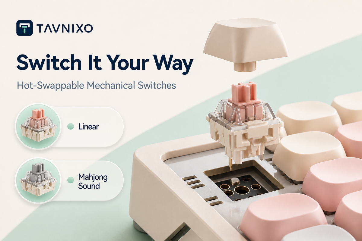 TAVNIXO Cream Cloud mechanical keyboard feature: hot swappable linear mahjong sound switches infographic landscape