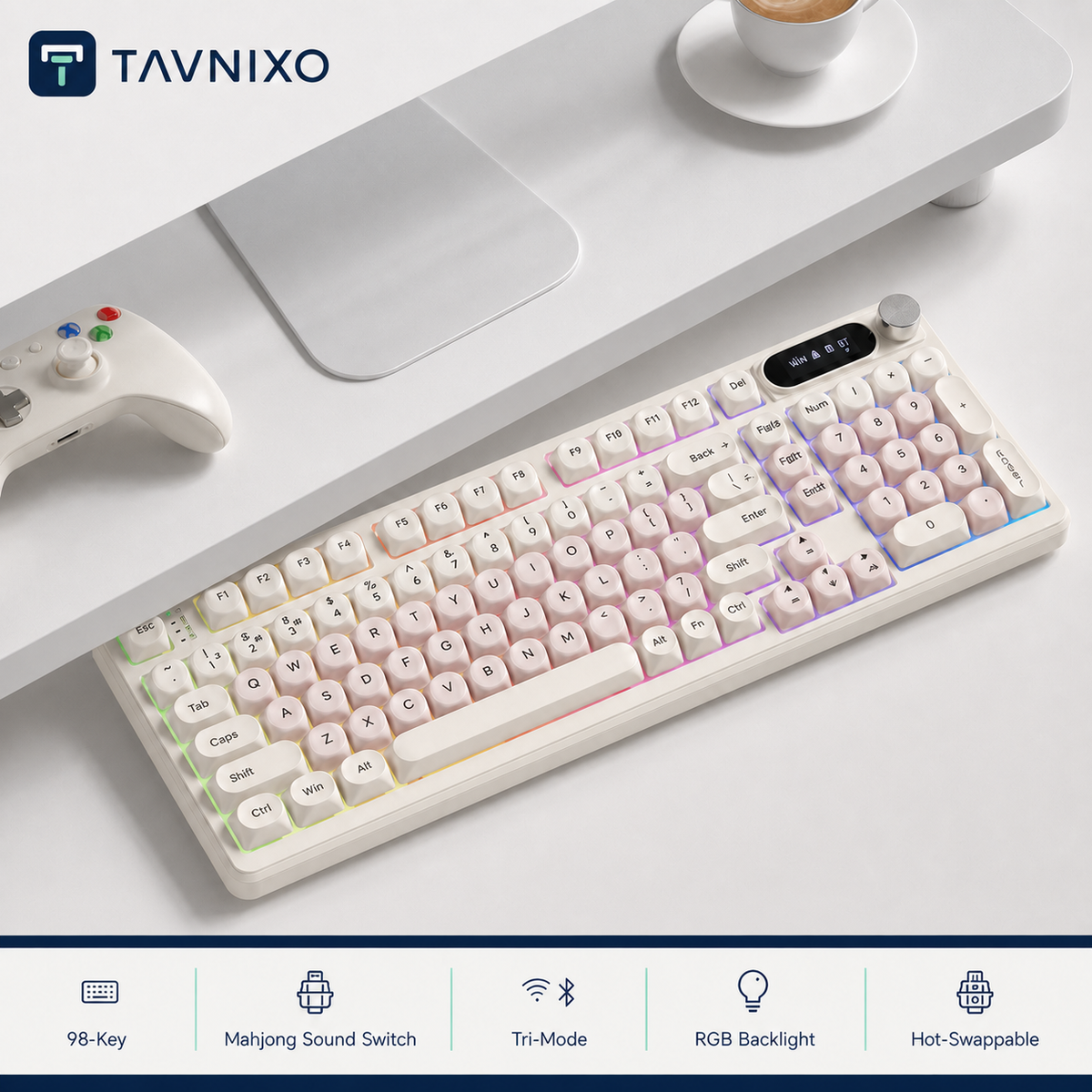TAVNIXO Cream Cloud Tri-Mode Hot-Swappable Mechanical Keyboard — cream cloud 98 key mahjong sound switch keyboard
