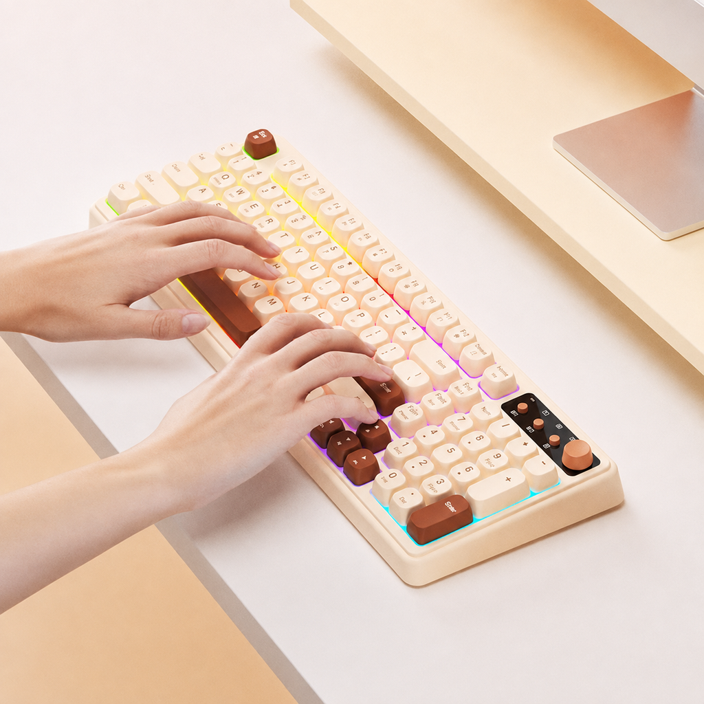TAVNIXO K520D 99-Key Tri-Mode Wireless Keyboard with RGB & Control Knob — k520d ergonomic typing keyboard scene