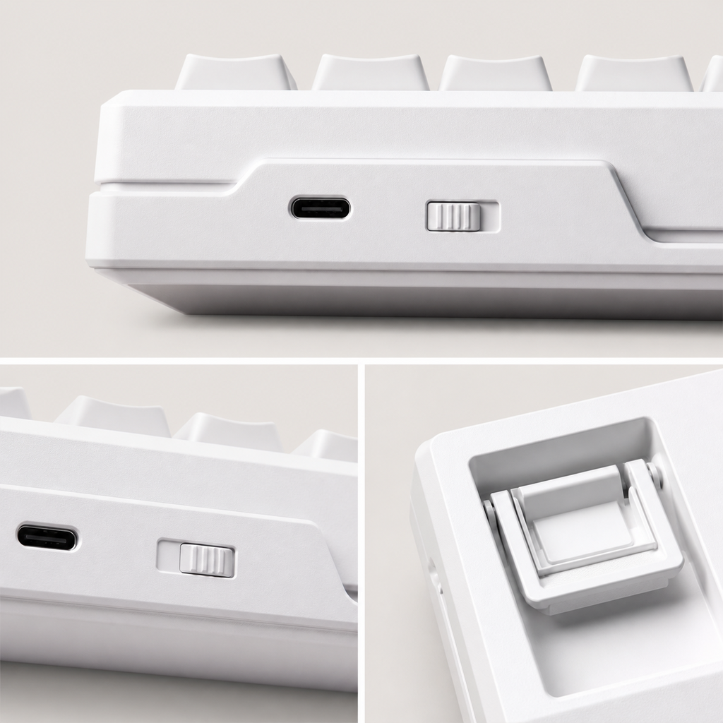 TAVNIXO YG98 Tri-Mode Hot-Swappable Mechanical Keyboard with MOA Keycaps — yg98 usb c mode switch foldout foot detail