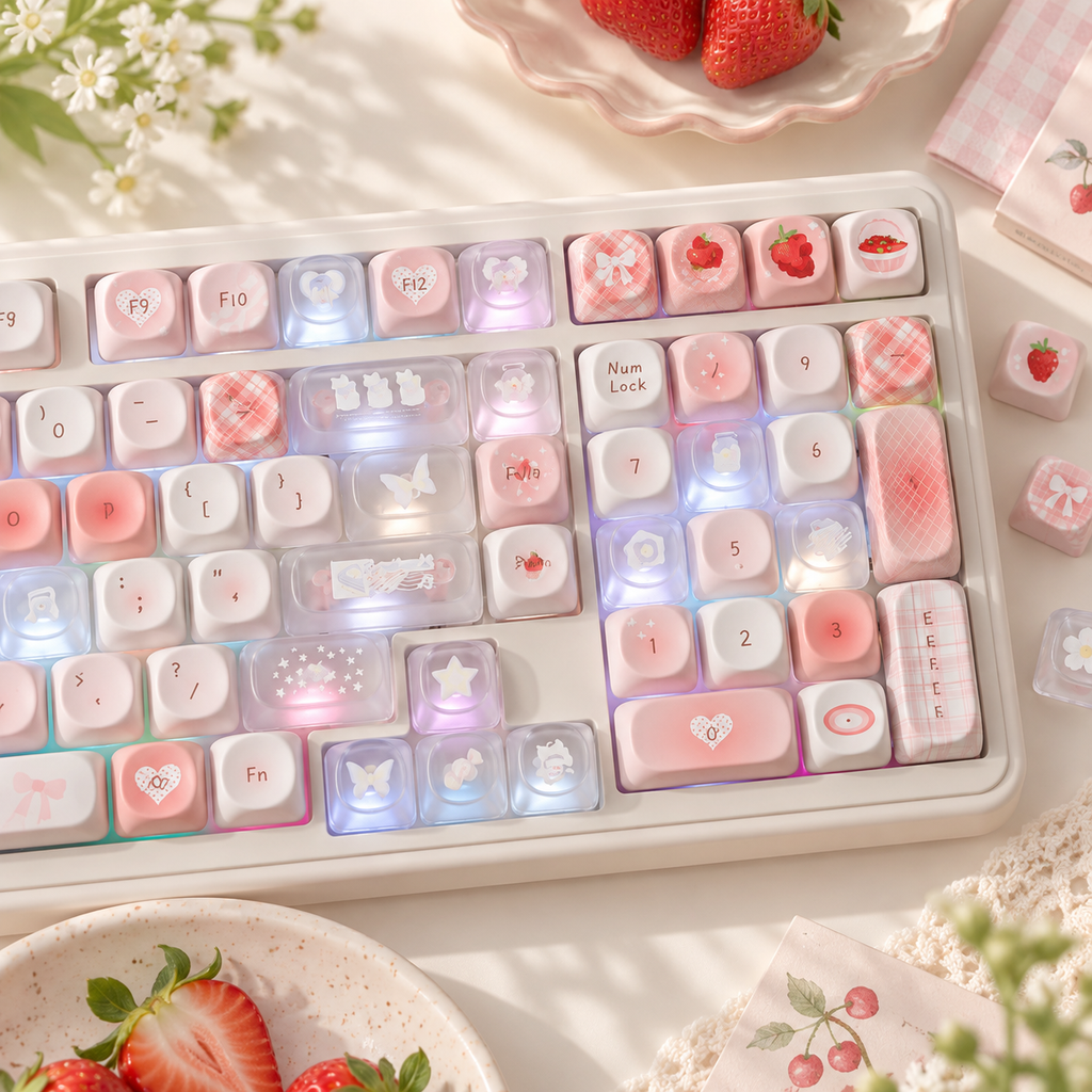 Berry Story MO PBT & Transparent PC Keycap Set — berry story mo pbt pc keycaps berry novelty design closeup