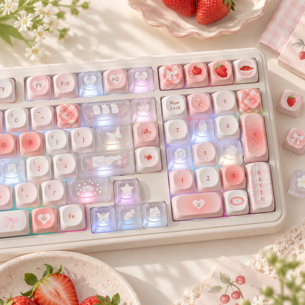 Berry Story MO PBT & Transparent PC Keycap Set — berry story mo pbt pc keycaps berry novelty design closeup