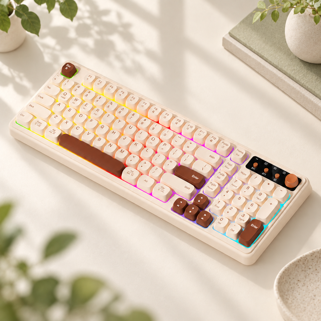 TAVNIXO K520D 99-key tri-mode wireless keyboard in a premium warm ivory desk setting