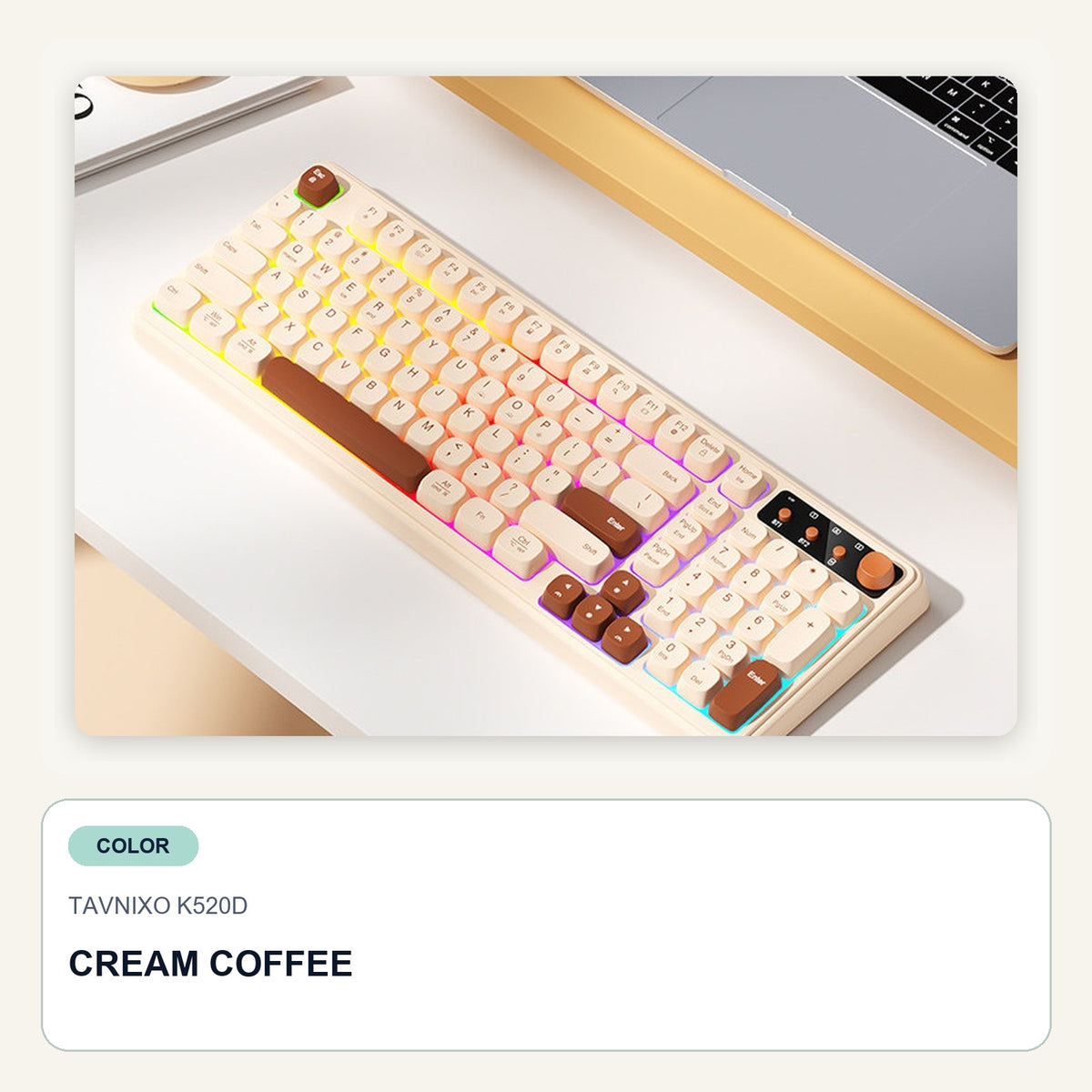 TAVNIXO K520D 99-key tri-mode RGB wireless keyboard cream coffee tri mode rgb wireless keyboard