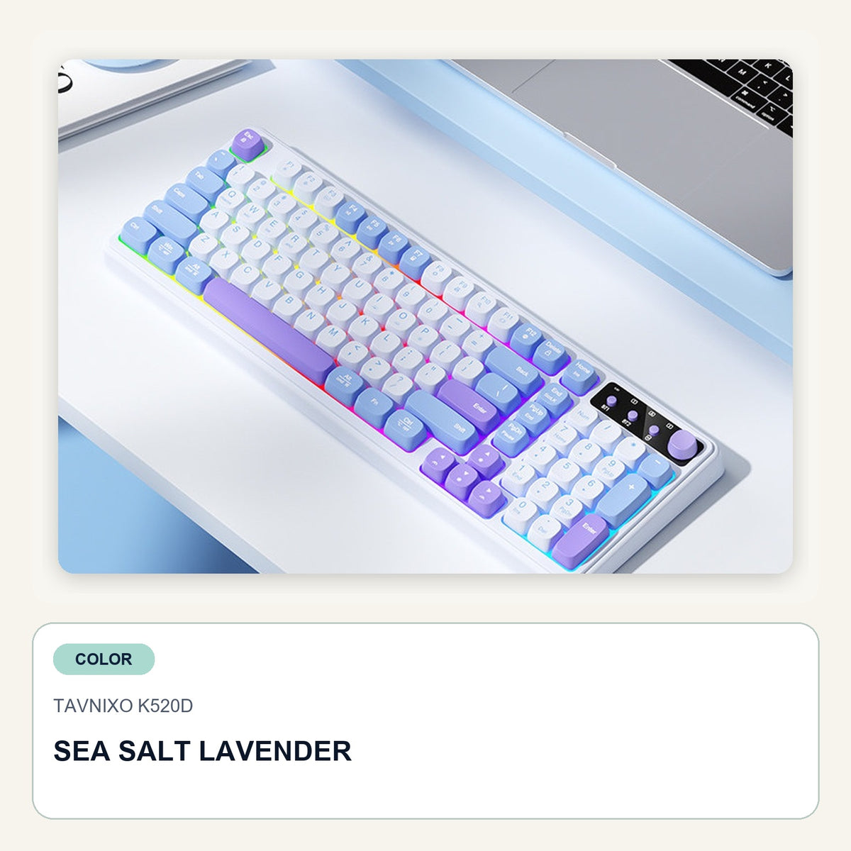 TAVNIXO K520D 99-key tri-mode RGB wireless keyboard sea salt lavender tri mode rgb wireless keyboard
