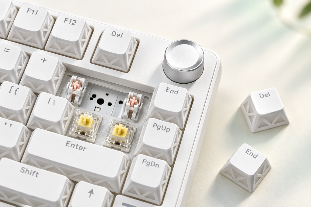 TAVNIXO MI75 hot-swappable keyboard plate and multifunction knob detail
