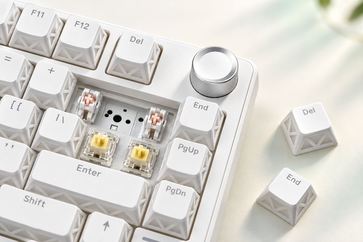 TAVNIXO MI75 hot-swappable keyboard plate and multifunction knob detail
