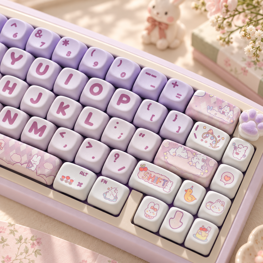 Purple Rabbit 142-Key PBT Keycap Set — purple rabbit pbt keycaps 142 rounded profile closeup