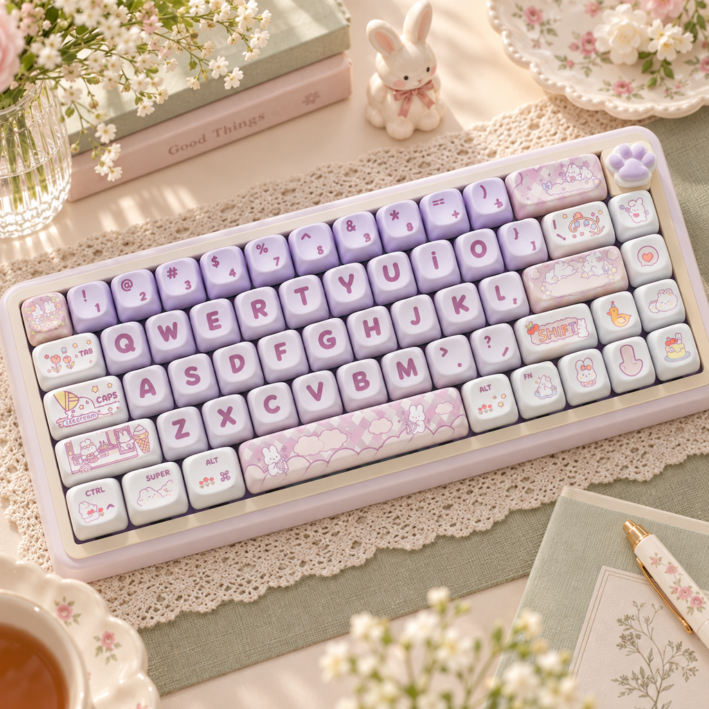Purple Rabbit 142-Key PBT Keycap Set — purple rabbit pbt keycaps 142 rabbit novelty design closeup