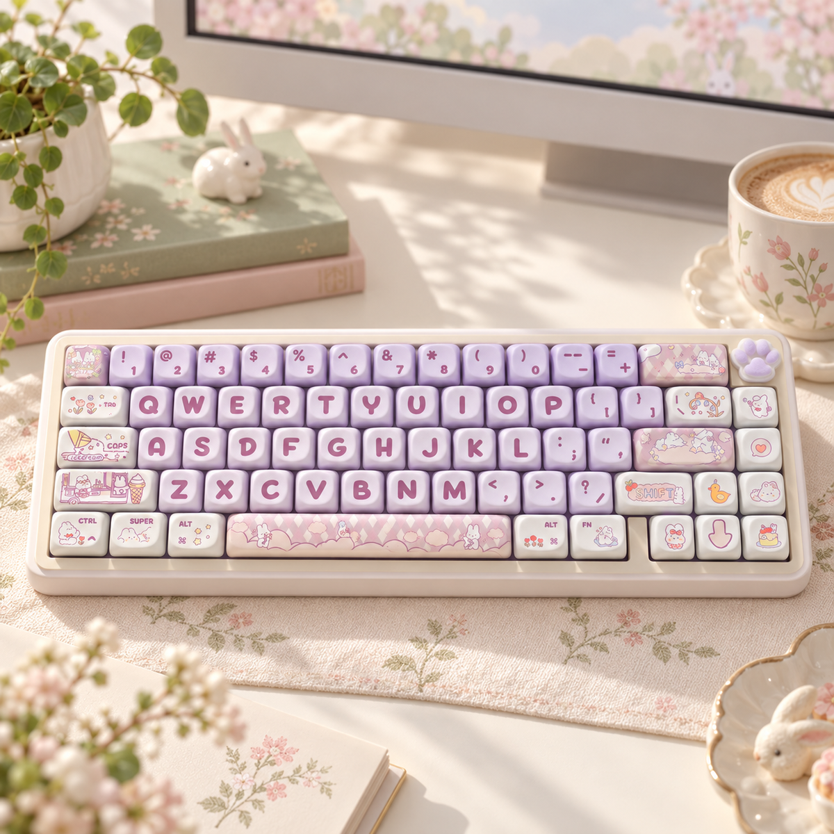 Purple Rabbit 142-Key PBT Keycap Set — purple rabbit pbt keycaps 142 cozy desktop setup