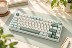RK R75 Pro V2 mint green wireless keyboard in a desktop workspace