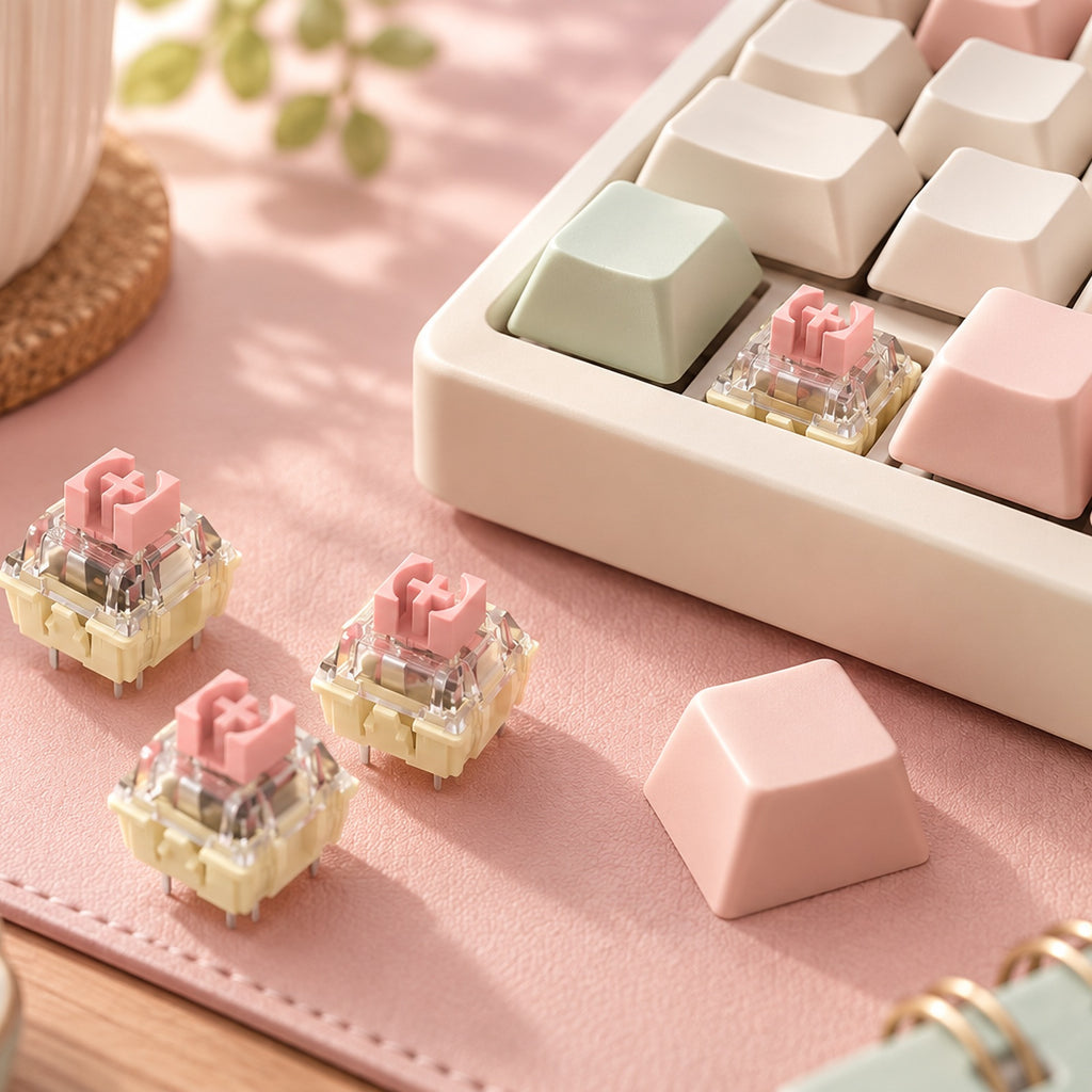 TAVNIXO TTC Gold Pink linear keyboard switch desktop lifestyle