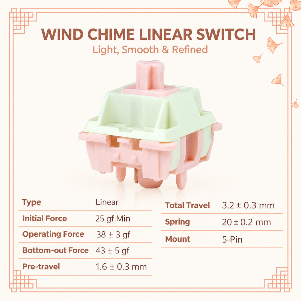 TAVNIXO Wind Chime linear switch specifications including 38 gf operating force and 5-pin mount