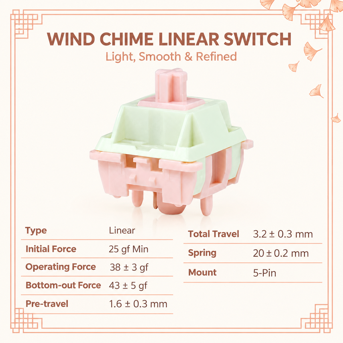 TAVNIXO Wind Chime linear switch specifications including 38 gf operating force and 5-pin mount