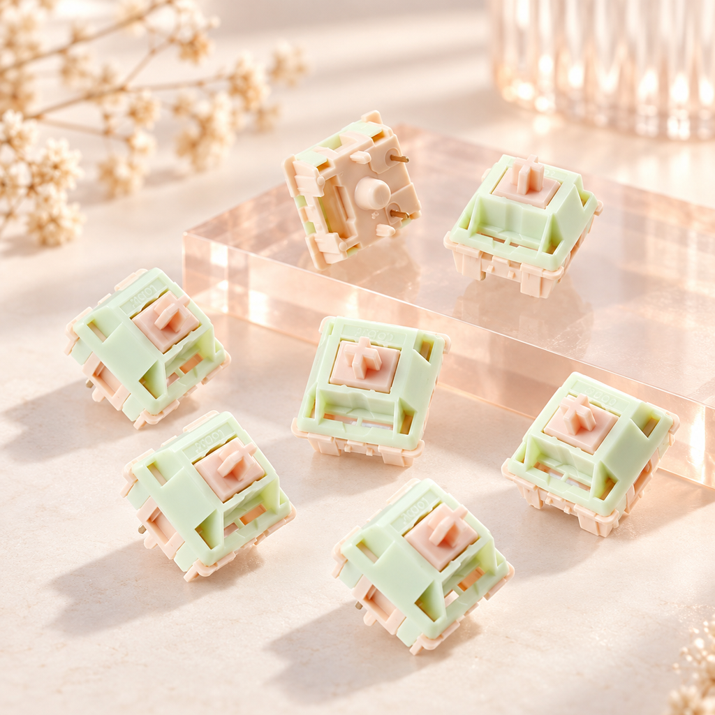 Group of TAVNIXO Wind Chime linear keyboard switches on a warm ivory background